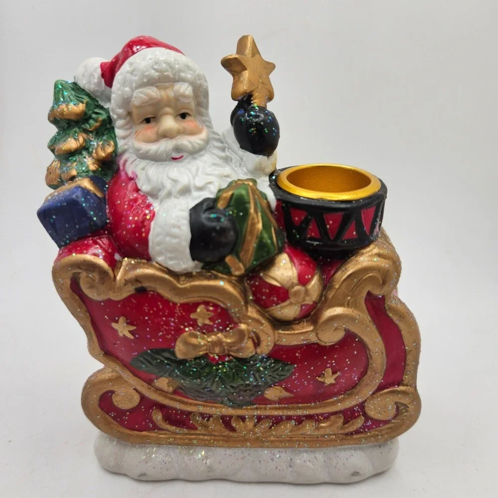Christmas Santa Sleigh Candle Holder Glitter Ceramic Holiday Decor